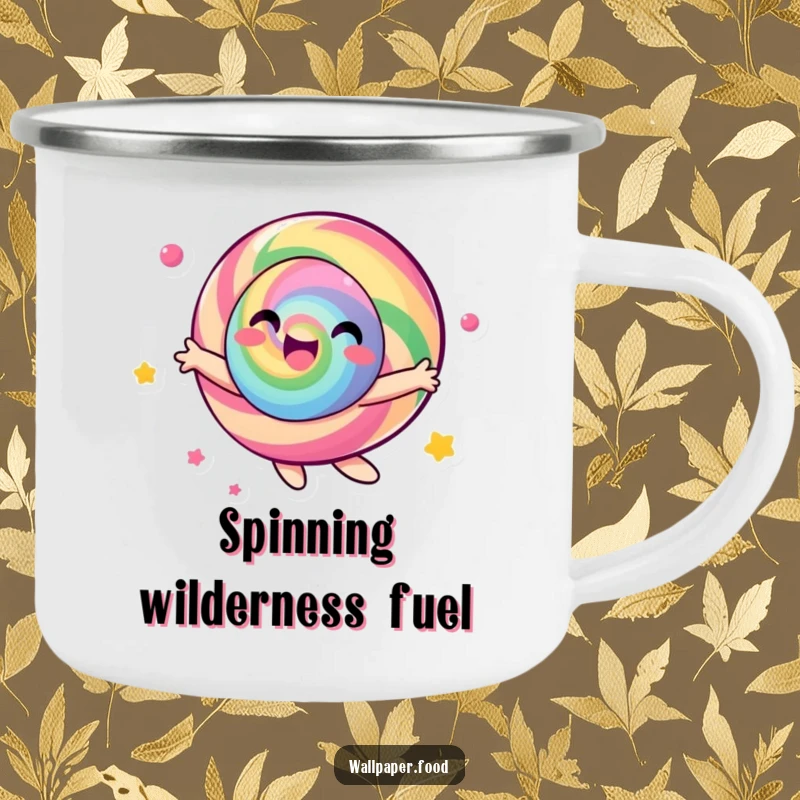 Funny candy character camping mug, joyfully spinning with vibrant colors, ready for any outdoor adventure.