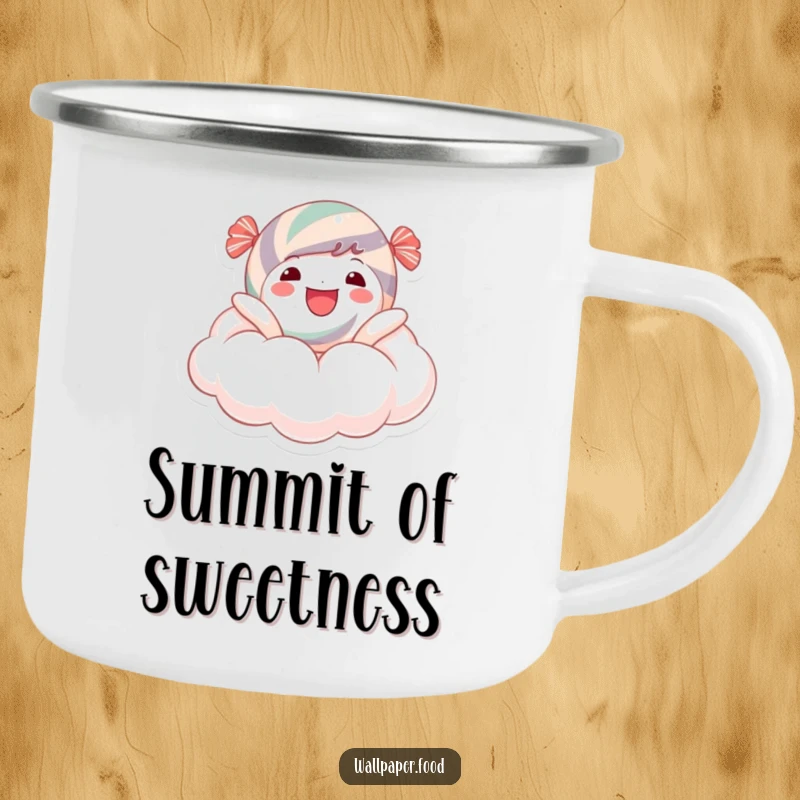 Funny Camping Mug: A happy candy character floating on a sugary cloud, perfect for adding funny cheer to outdoor adventures and warm drinks.