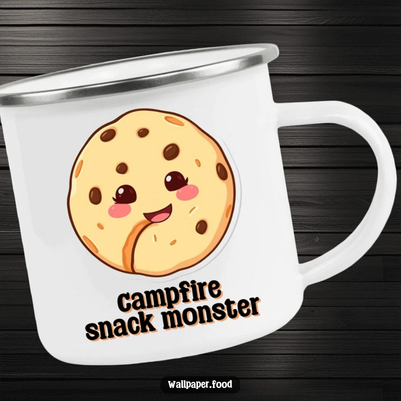 Funny camping mug showing a happy cookie character with a bite taken out and a sweet grin, ideal for outdoor enjoyment.