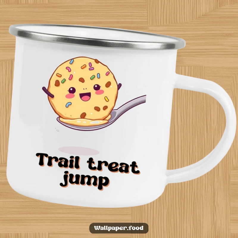 Funny camping mug featuring a cookie with sprinkles enthusiastically jumping from a spoon, perfect for outdoor drinks with baking humor. Funny gift.