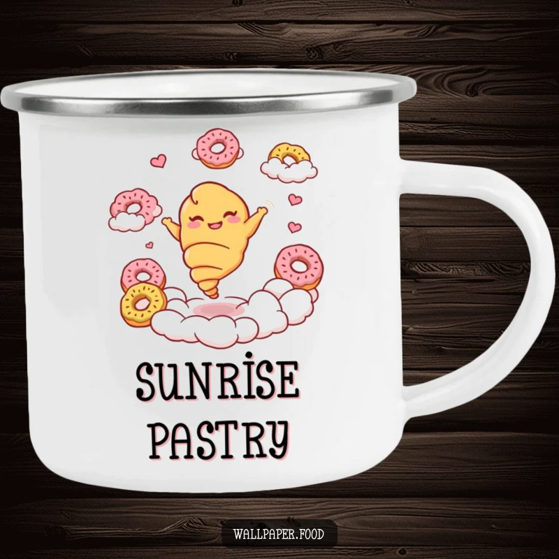 Funny croissant camping mug with a giggling croissant character twirling joyfully amidst donut clouds, ready for exploration.