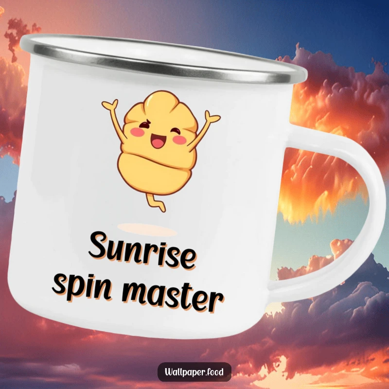 Funny Camping Mug: A happy croissant character doing a pirouette, perfect for adding funny cheer to outdoor adventures and warm drinks.