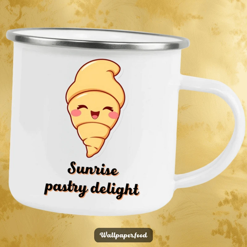 Funny camping mug showcasing a delighted croissant character winking playfully, ideal for enjoying drinks in the great outdoors.