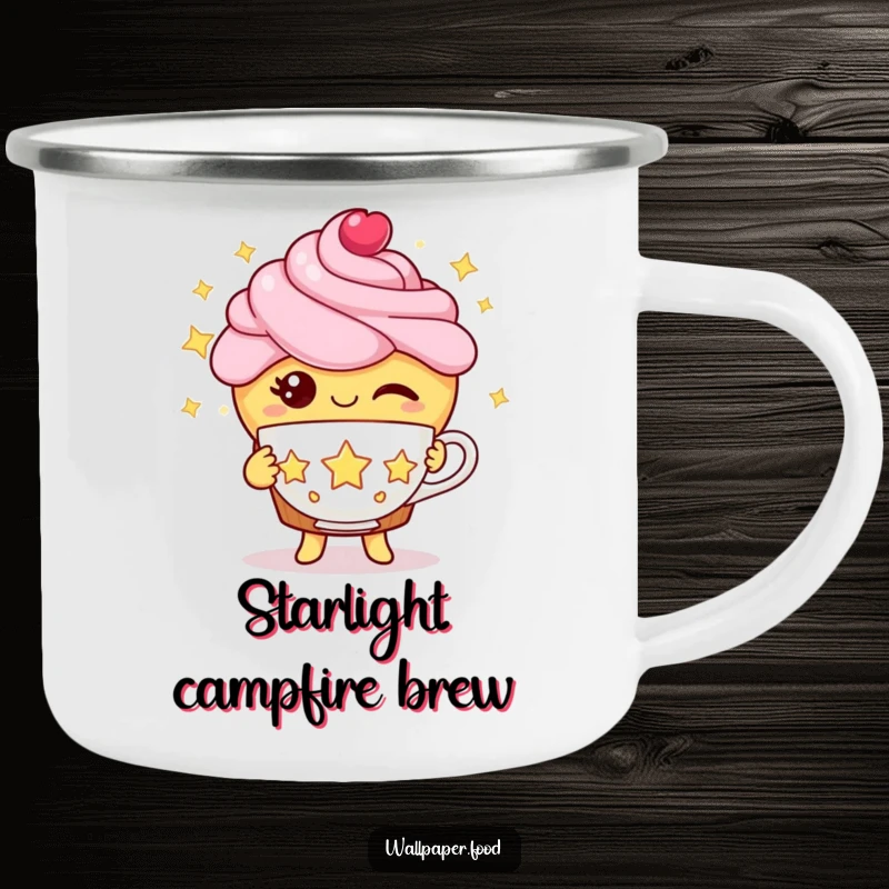 Funny cupcake camping mug with a winking cupcake character offering a teacup made of stars during a celestial adventure.