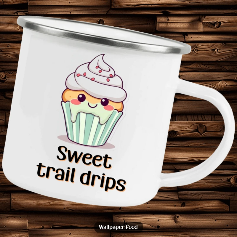 Funny camping mug showing a smiling cupcake character with frosting happily dripping down its sides, ready for the outdoors.
