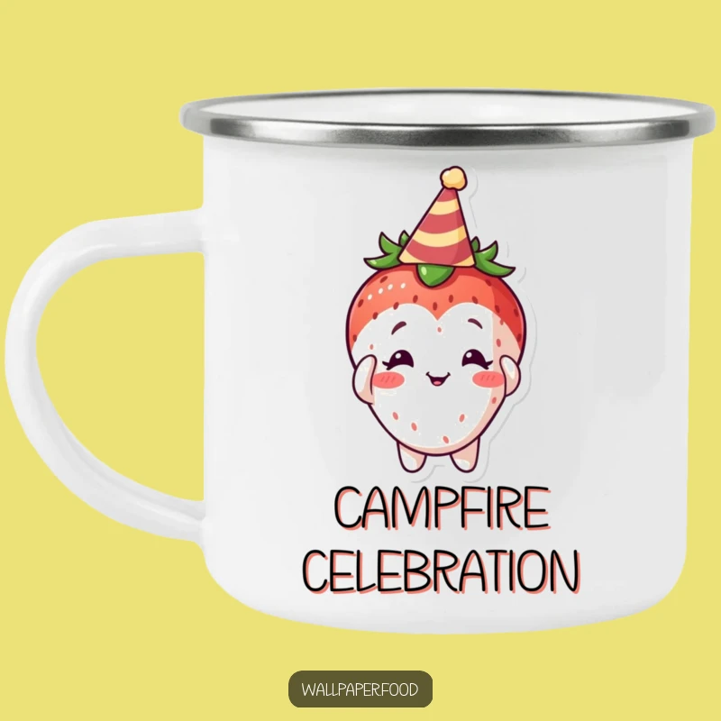 Funny Curious Strawberry Party Hat Camping Mug, Sip and Celebrate Outdoors