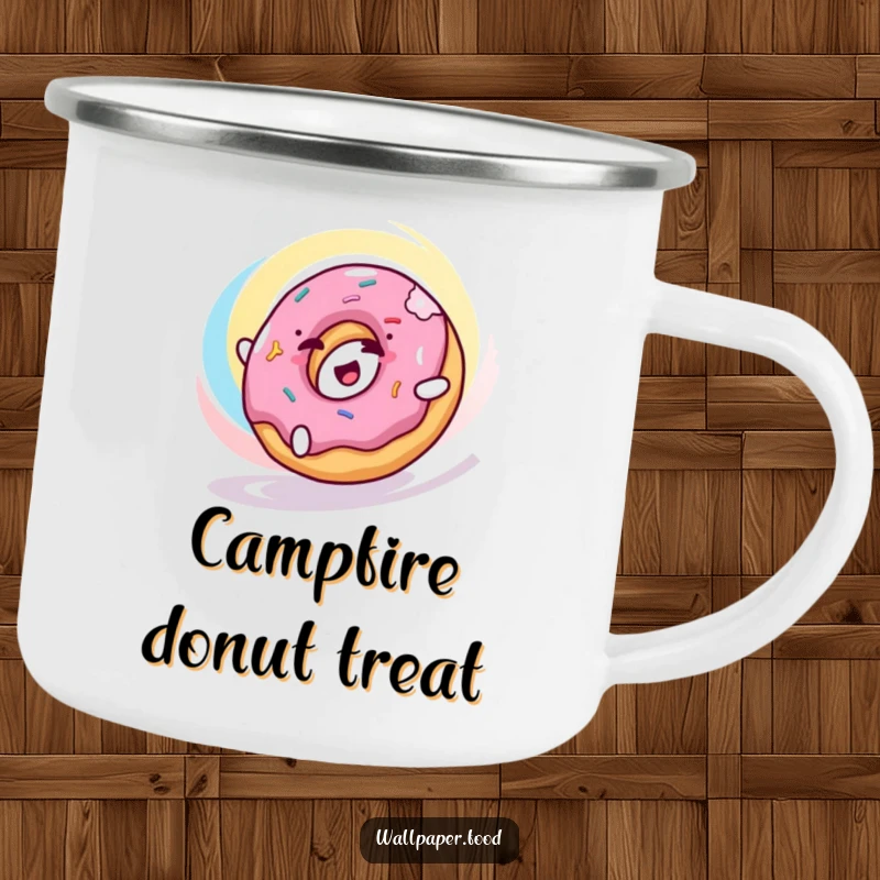 Funny donut camping mug with a happy donut character rolling with delight through a colorful swirl, ready for exploration.