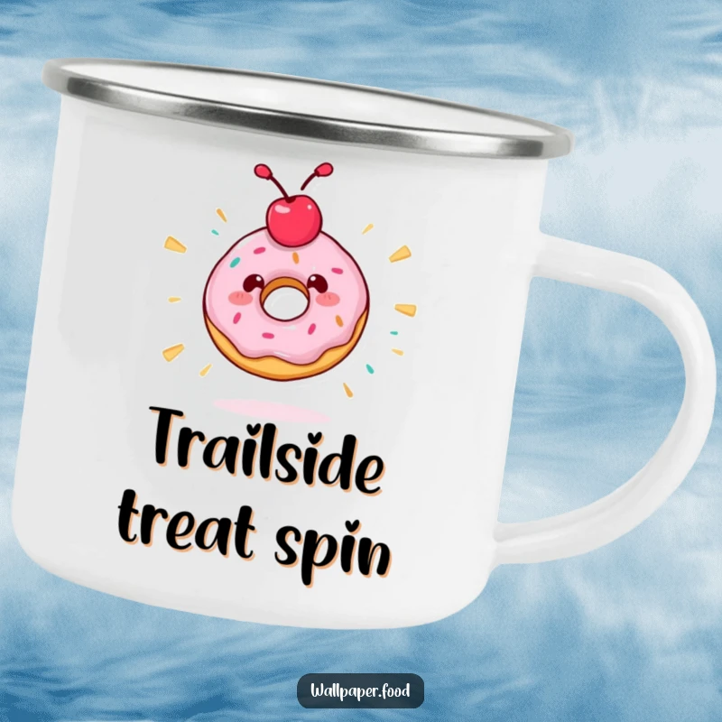 Funny camping mug showcasing a donut character with a cherry topping spinning madly, ideal for outdoor enthusiasts with a sweet tooth.