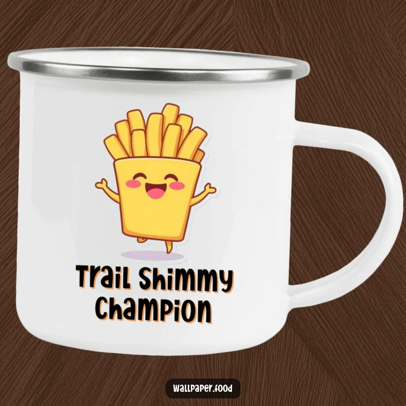 Funny Camping Mug: A french fry character doing a silly shimmy, perfect for adding funny cheer to outdoor adventures and warm drinks.