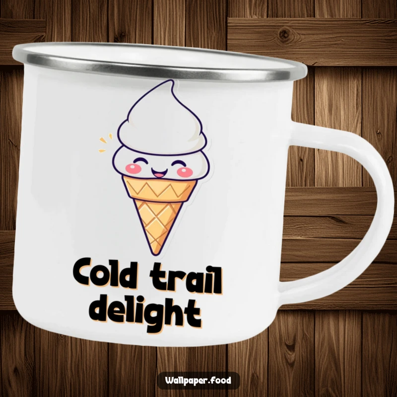 Funny Ice Cream Cone Camping Mug: Happy character radiating pure delight, durable and humorous for outdoor use.