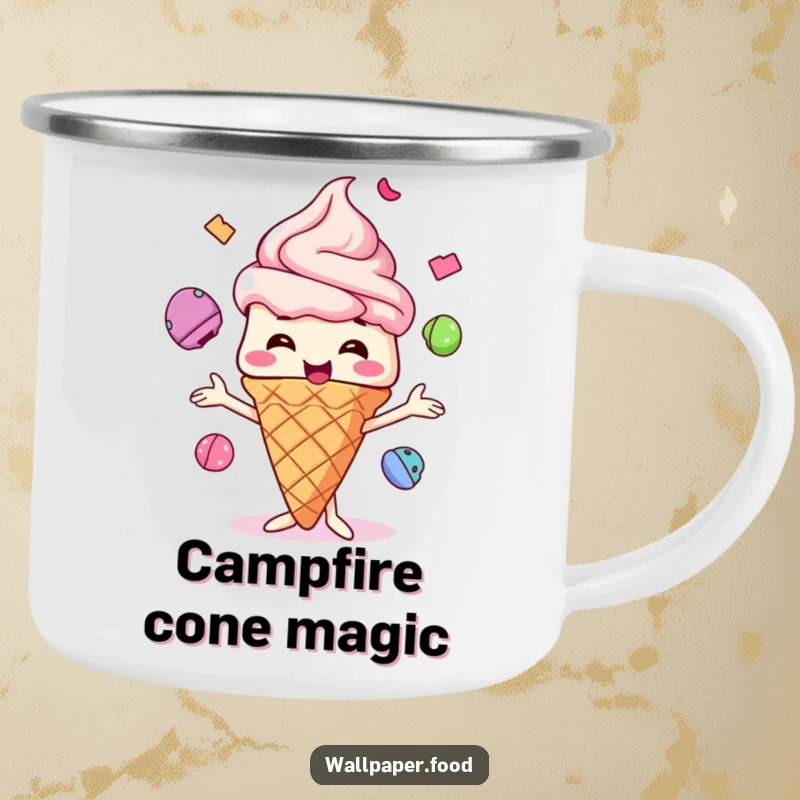 Funny Ice Cream Cone Camping Mug, a cheerful character juggling scoops, bringing sweet fun to any outdoor activity.