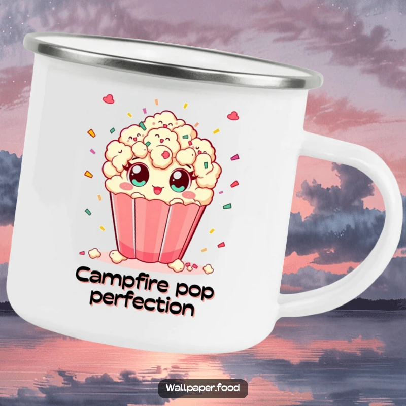 Funny camping mug with a playful popcorn character scattering confetti, ready for any celebratory outdoor adventure.