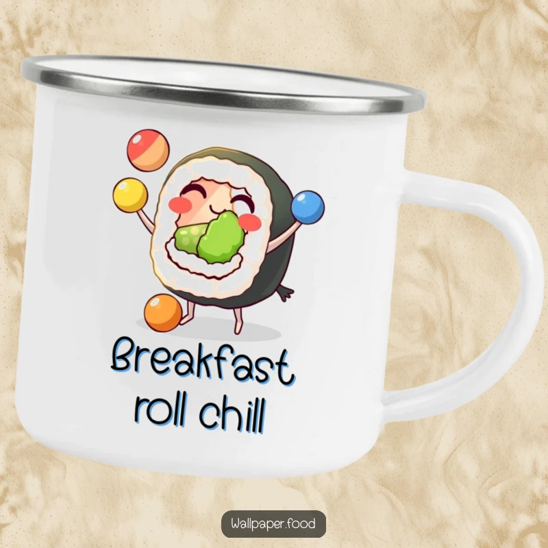 Funny Sushi Juggling Camping Mug featuring a grinning sushi roll with tiny feet, skillfully juggling three colorful balls, built for outdoor fun.