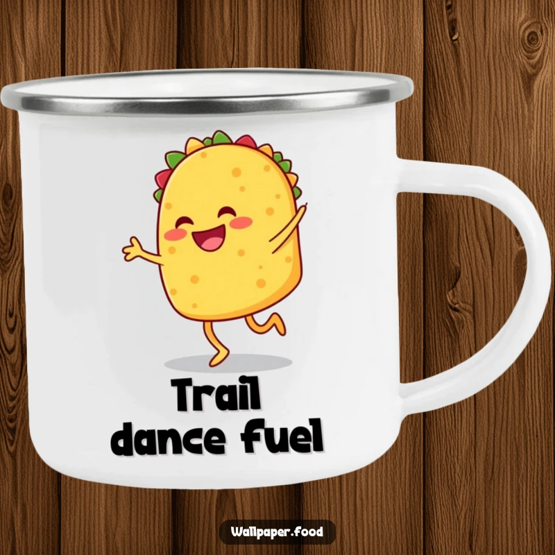 Funny camping mug featuring a smiling taco with legs performing a jig, perfect for outdoor drinks with fiesta humor. Funny gift.
