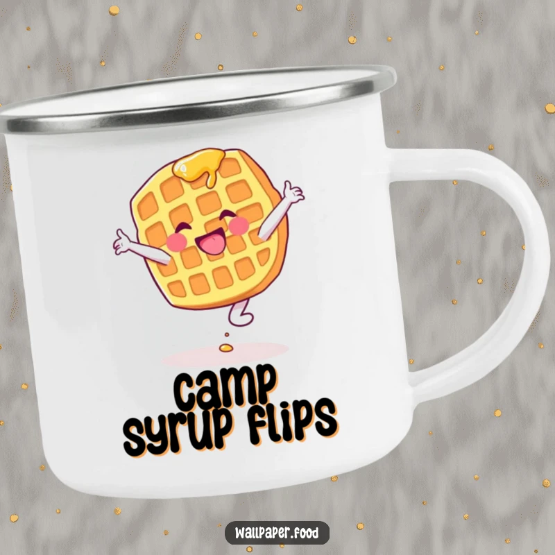 Funny camping mug with a waffle character attempting a cartwheel with syrup dripping, perfect for outdoor breakfast enjoyment.