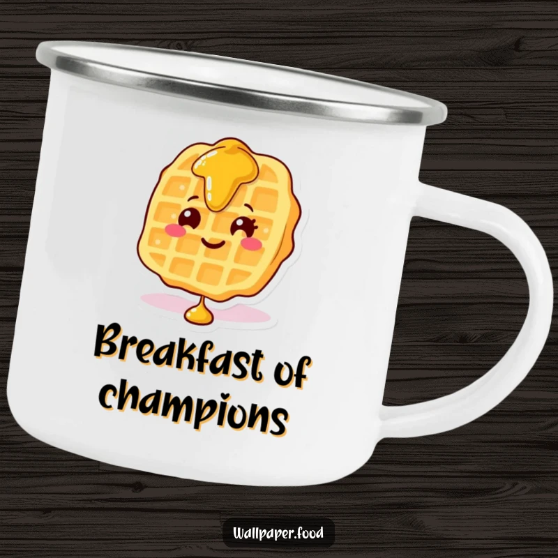 Funny camping mug showing a smiling waffle character with syrup cascading down, ideal for outdoor enjoyment and humor.