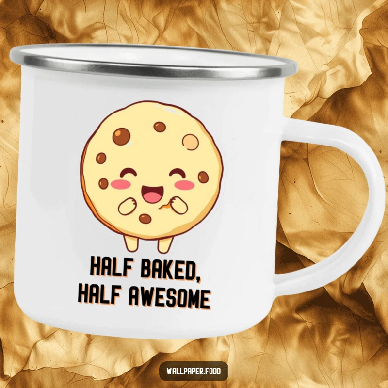 Funny camping mug with a playful cookie character missing a bite, perfect for outdoor adventures and adding humor to your travels.