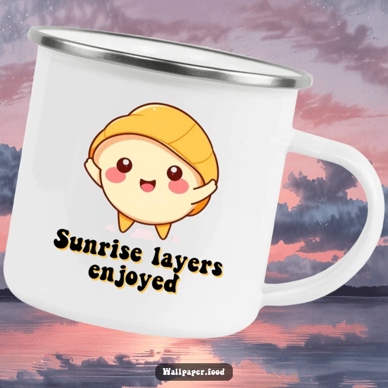 Funny Croissant Camping Mug: Happy character happily stretching its layers, durable and humorous for outdoor use.