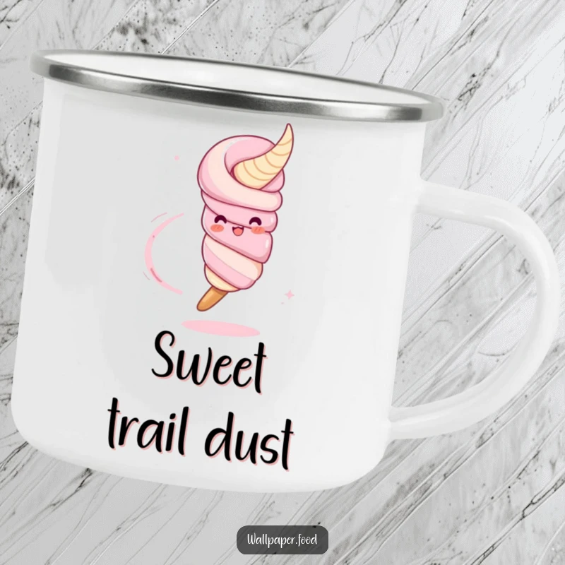 Funny camping mug with a dynamic churro character twirling and leaving a sugar trail, perfect for outdoor adventures and sweet humor.