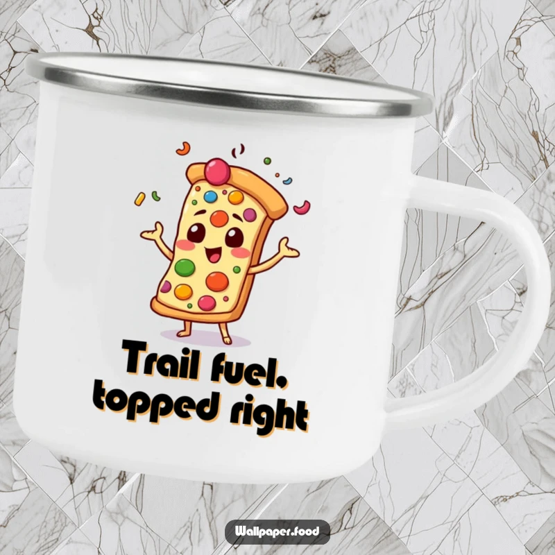 Funny camping mug featuring a pizza slice character gleefully juggling toppings, ready for outdoor adventures and hot beverages.
