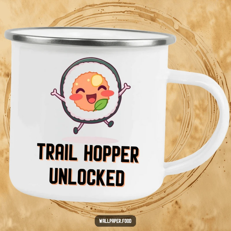 Funny camping mug featuring a sushi roll with legs joyfully leaping, ready for adventure and morning coffee.