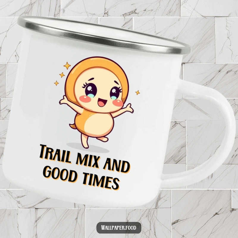Funny caramel swirl character dancing merrily with ambient sparkles, designed for a rugged camping mug, bringing humor to outdoor adventures.
