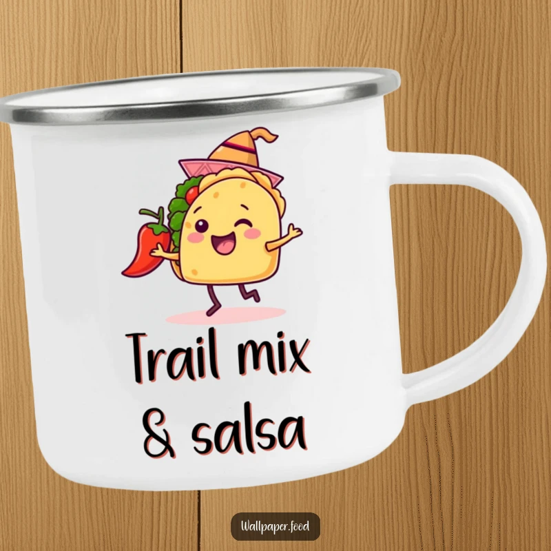 Funny camping mug featuring a happy taco wearing a hat dancing with a chili pepper, perfect for outdoor fiesta fun.