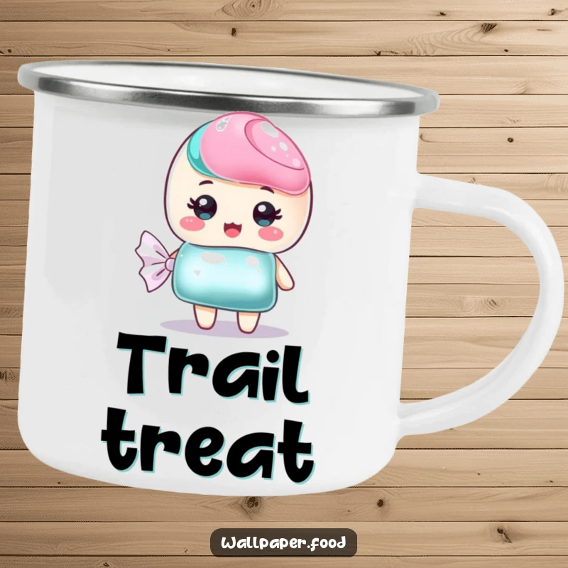Funny durable camping mug featuring a sweet candy character with a shimmering wrapper, perfect for outdoor sweet treats.