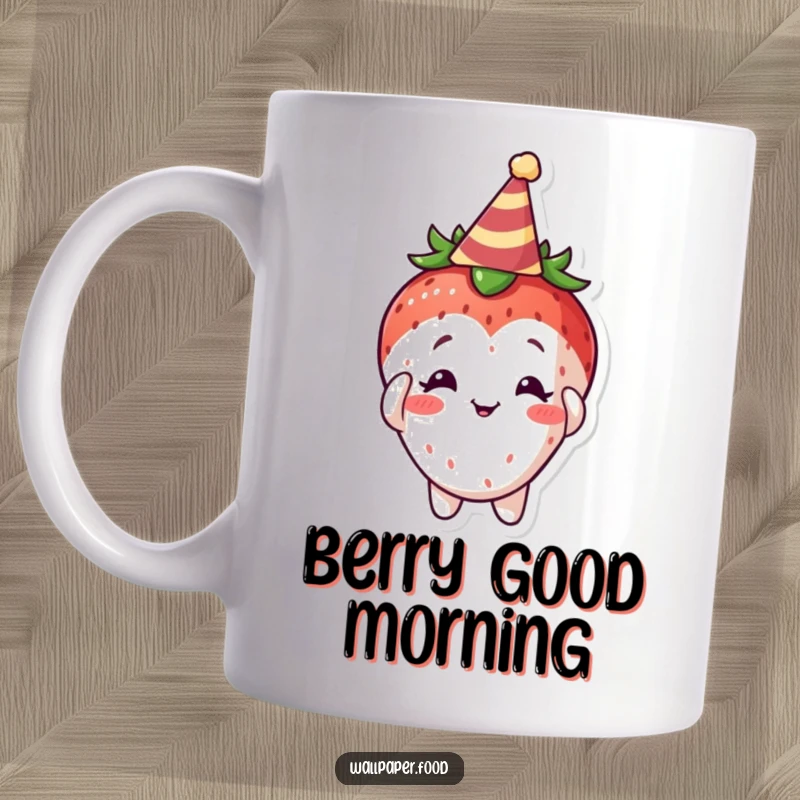 Funny Curious Strawberry Mug, peeking out with wide eyes, adjusting a tiny party hat, ready for fun.