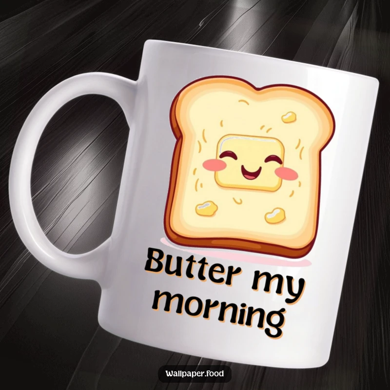Funny slice of toast with butter mug, wiggling with glee, spreading breakfast humor and joy. Perfect funny gift.