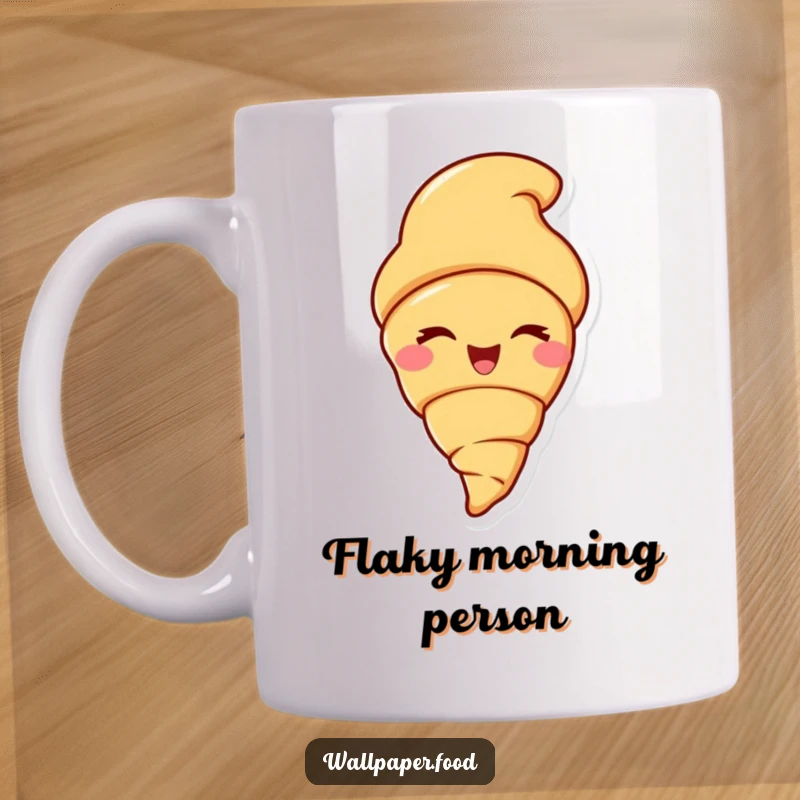 Funny mug featuring a delighted croissant character with a big grin, performing an exaggerated, charming wink.