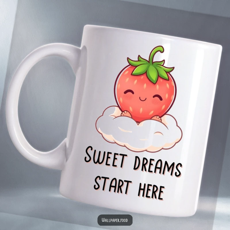 Funny blushing strawberry character sitting on a fluffy cream cloud on a coffee mug, a sweet and cute design.