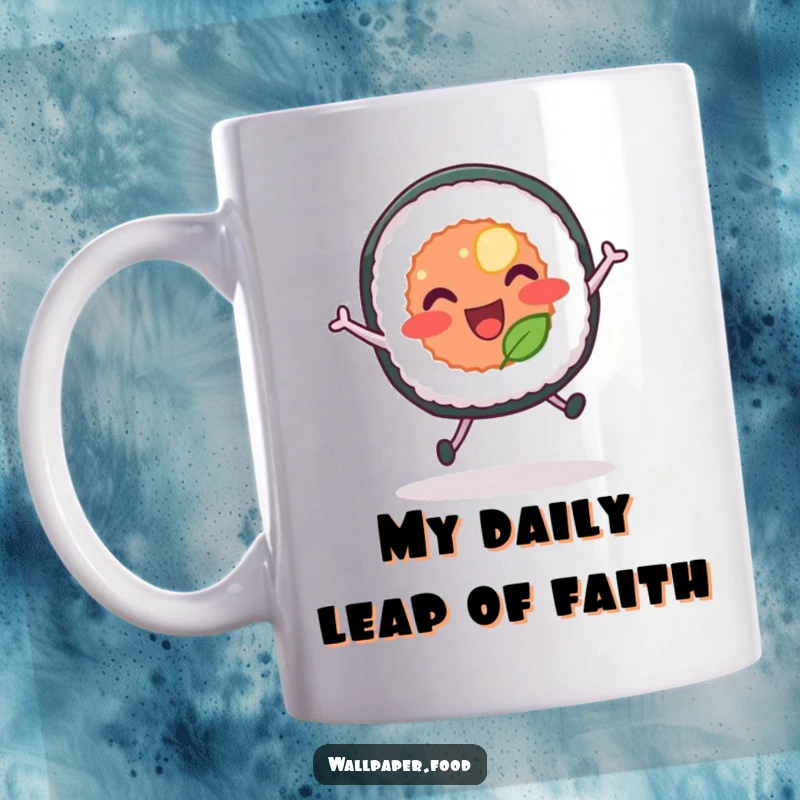 Funny sushi roll mug with little legs joyfully leaping mid-air, capturing pure happiness and energetic fun.