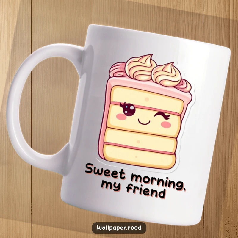 Funny mug featuring a cheerful cake slice character with elegant frosting swirls, happily enjoying a sweet moment, perfect for coffee lovers.