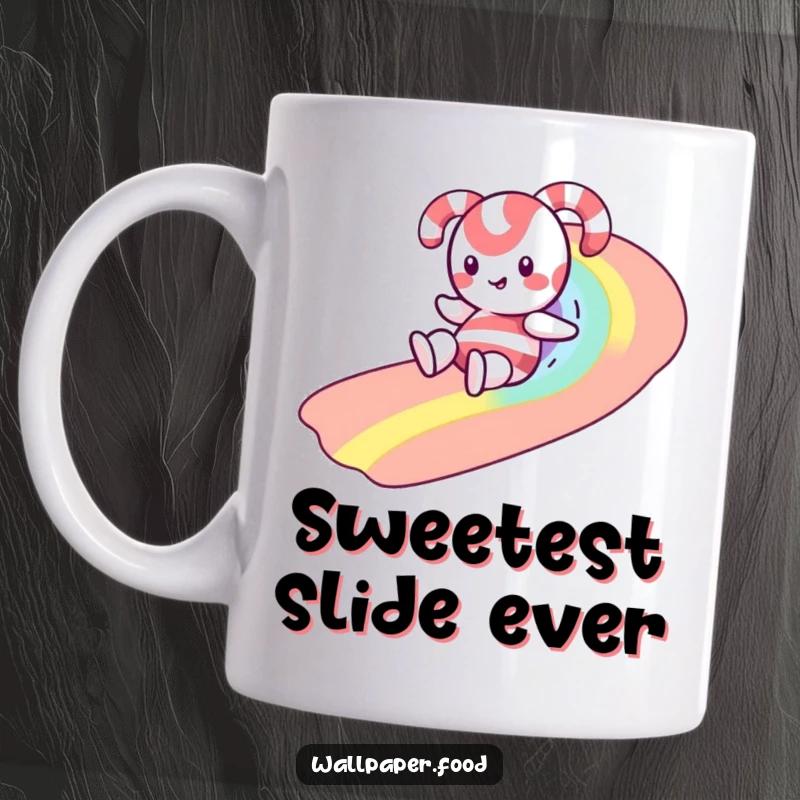 Funny mug featuring a joyful candy cane character gleefully sliding down a vibrant rainbow created from colorful sprinkles.