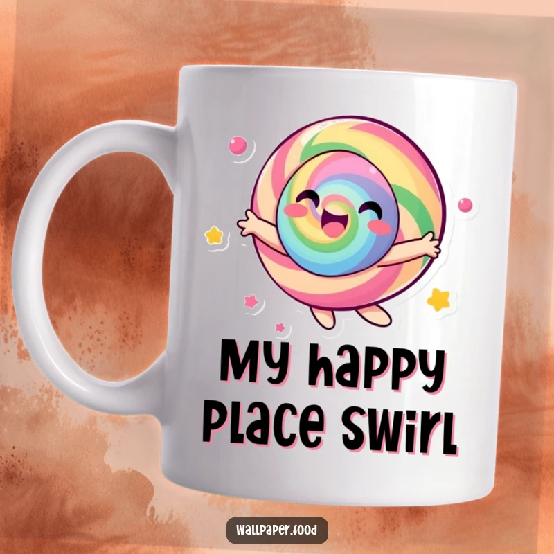 Funny candy character mug, cheerfully spinning with bright, vibrant colors, radiating pure joy and energy, a delightful visual treat.