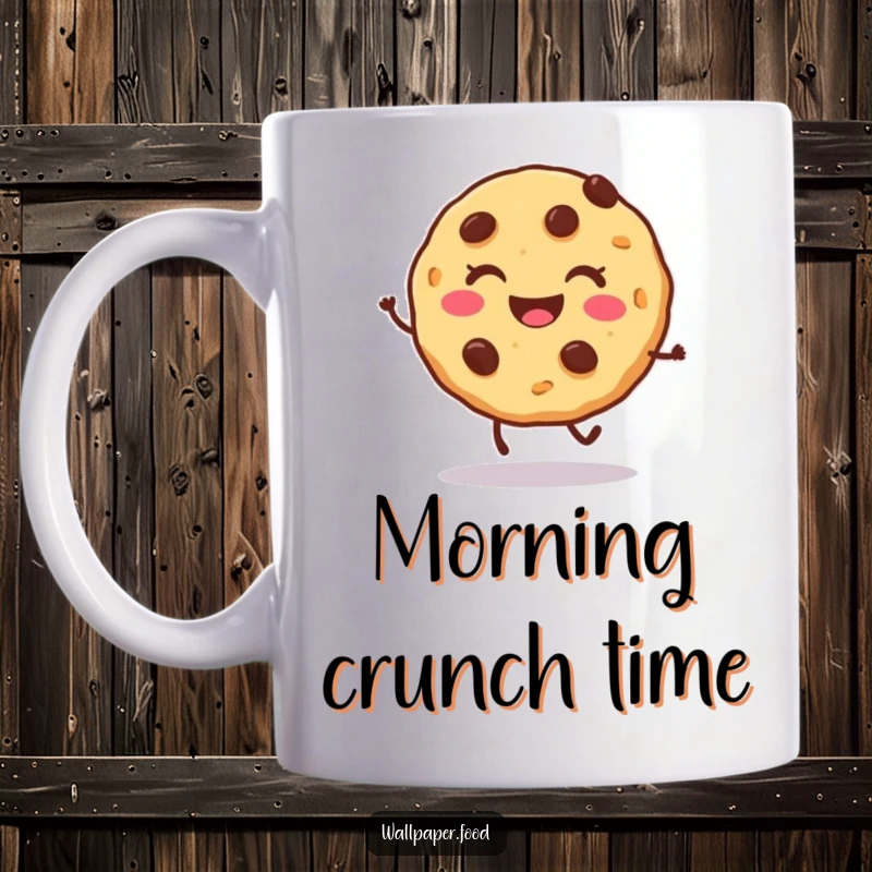 Funny cookie mug with chocolate chips doing a joyful hop, radiating cheerful, sweet, and energetic vibes.