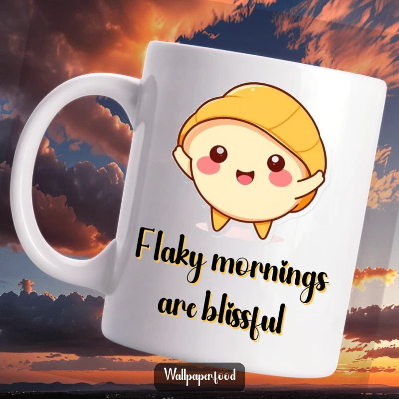 Funny Croissant Mug: Happy character happily stretching its layers, spreading morning cheer.