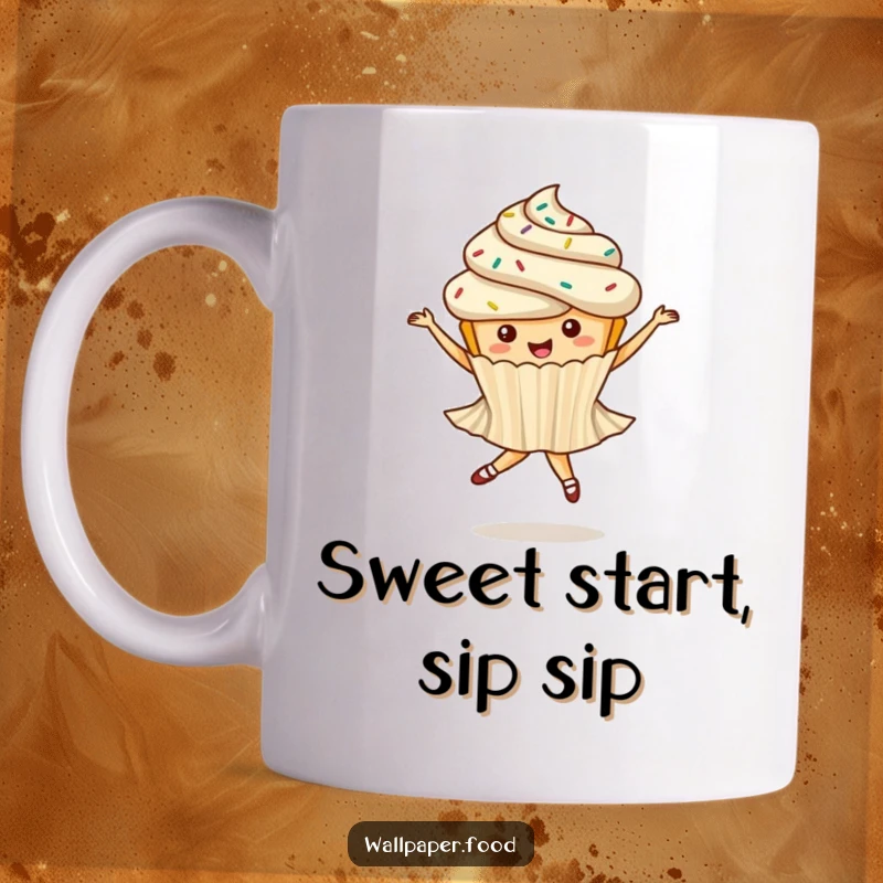 Funny mug featuring a whimsical cupcake with colorful sprinkles joyfully performing a ballet twirl, full of sweet grace.