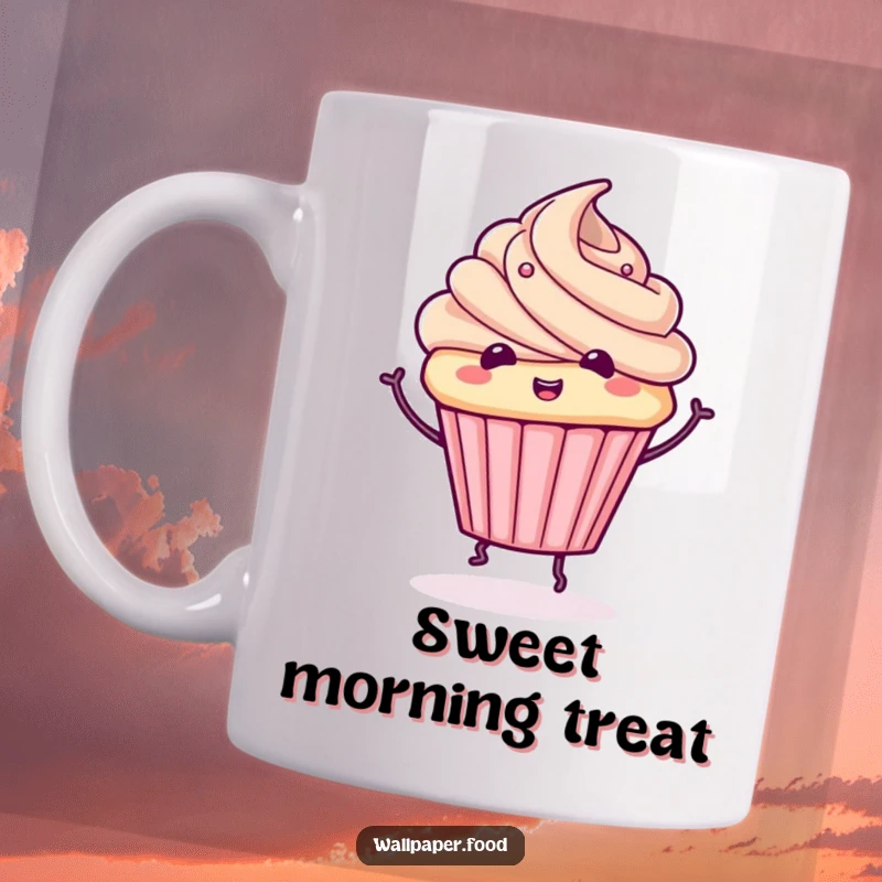 Funny cupcake mug with frosting performing a whimsical spin, radiating sweet, delightful, and playful energy.