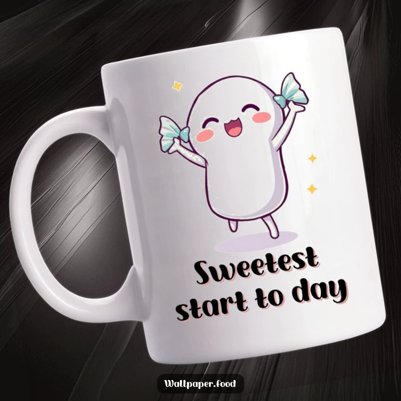 Funny dancing candy mug featuring an excited candy with its wrapper, shimmering with joy and ready to party.
