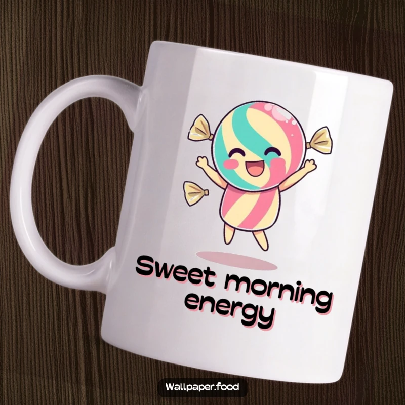 Funny mug featuring a dancing candy character inside its wrapper, shimmering with pure excitement and joyous celebration.