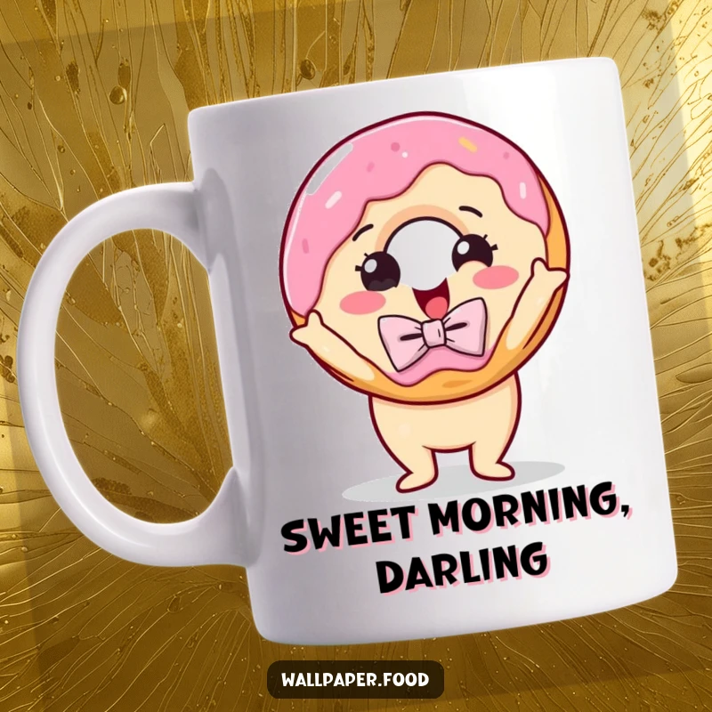 Funny mug featuring a delighted donut wearing a dapper bow tie, striking a theatrical and elegant pose with sweet charm.