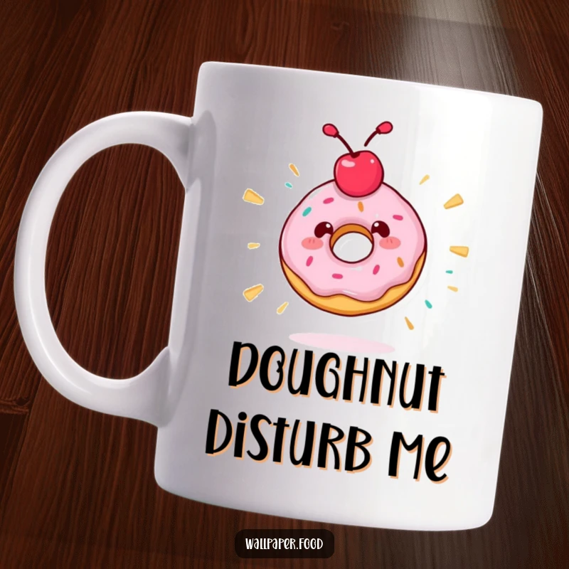 Funny mug featuring a dizzy donut character with a cherry topping, spinning wildly with pure, sugary delight.