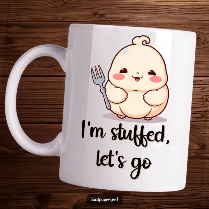 Funny dumpling mug featuring a proud, rosy-cheeked dumpling holding a miniature fork, ready to eat.