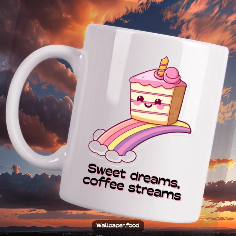 Funny grinning cake mug sliding down a rainbow, spreading sweetness and pure joy. Perfect funny gift.