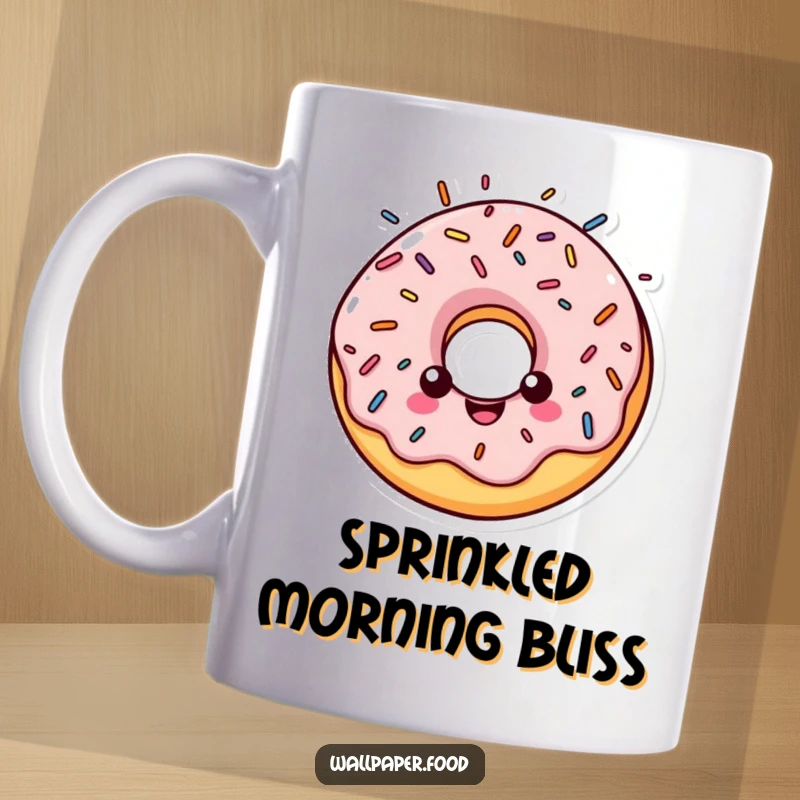 Funny mug showcasing a cheerful donut character with a halo made entirely of colorful sprinkles.