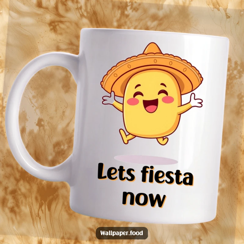 Funny happy taco mug character wearing a sombrero, leaping joyfully with excitement. A festive and humorous treat.