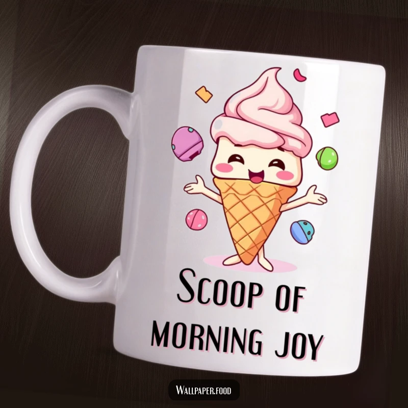 Funny Ice Cream Cone Mug, joyfully juggling colorful scoops, embodying sweet delight and hilarious fun.