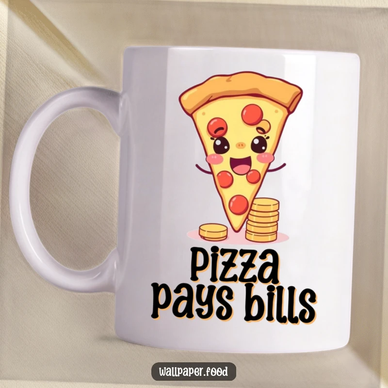 Funny mug featuring a joyful pizza slice with eyes winking while balancing coins, symbolizing luck and deliciousness.